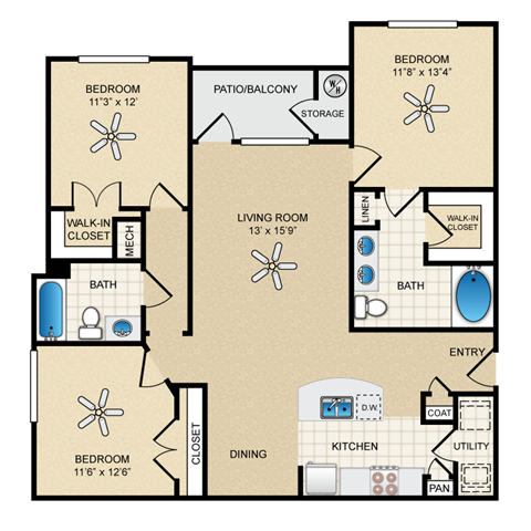 Floor plan for 3 beds, 2 baths, 1329 sqft
